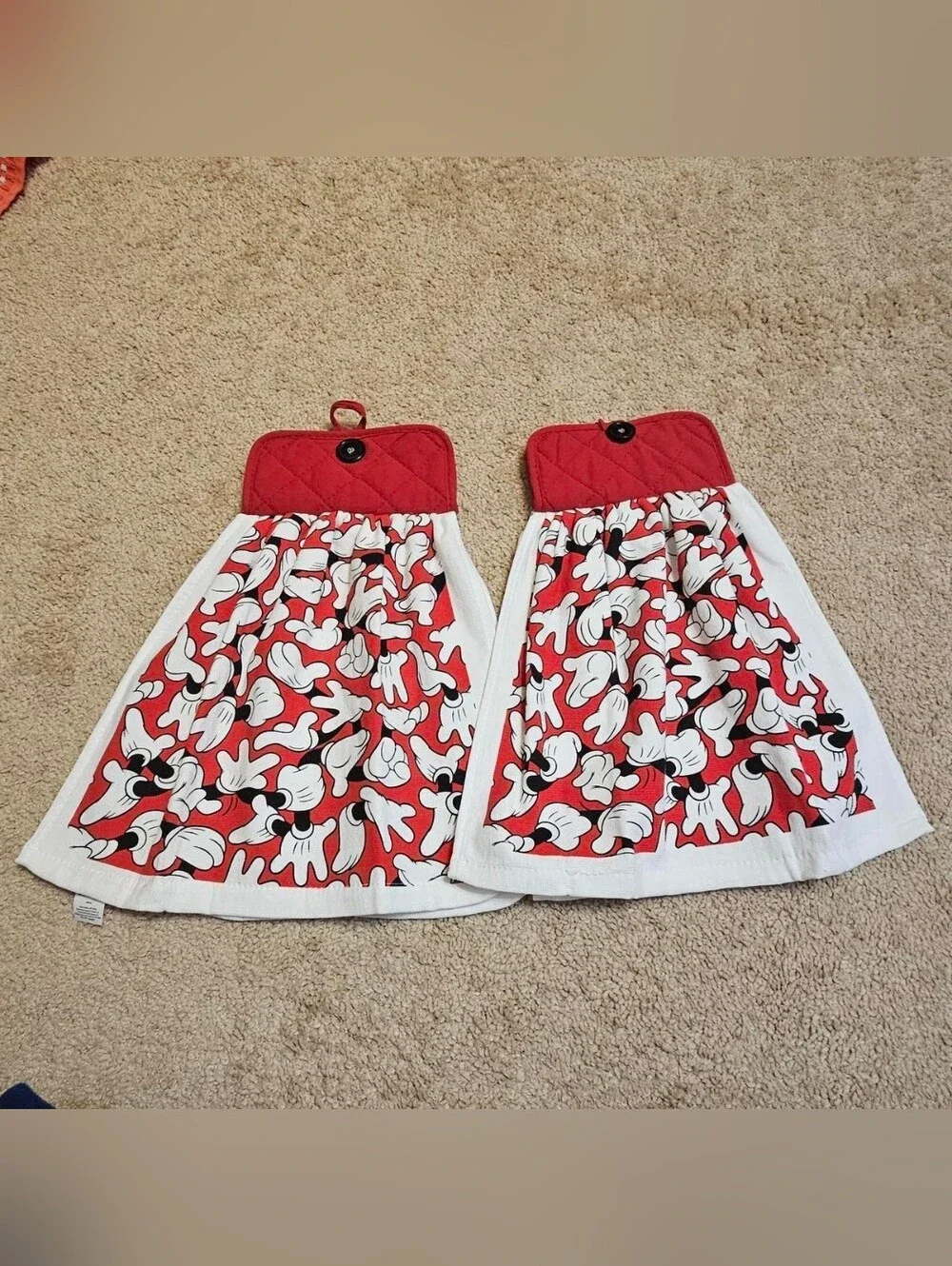 2 Handcrafted Towels Attached To Potholders | Red + White | Disney Mickey Mouse